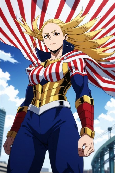 score_9, score_8_up, score_7_up, source_anime, rating_safe, , , looking at viewer, depth of field, 1girl, solo, <lora:cathleen_bate_pony:0.84>, cathleen_bate, blonde hair, brown eyes, long hair, superhero, cape, , bodysuit, american flag, wide angle, wide shot, cowboy shot, concert, light, leaning on object, wavy mouth, , <lora:sdxl_lightning_8step_lora:1>