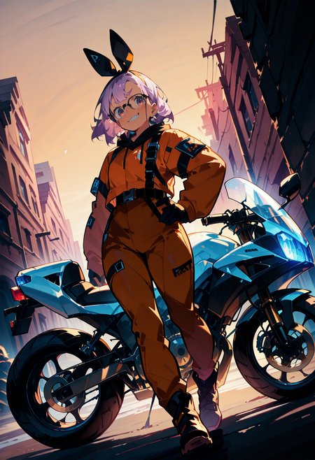 1girl,   purple hair, medium hair,        plump,  
BREAK dutch angle,  1girl, standing, looking at viewer, hand on hip,   smirk,    
BREAK                brown bodysuit, hairband, framed eyewear,  motor vehicle, motorcycle,     
BREAK safe, masterpiece, best quality, very aesthetic, absurdres, highres, newest, <lora:ponyv5_noobV065S_1_adamW:0.7>, <lora:lora:0.4>, <lora:Unstable_v1.0_f:1>