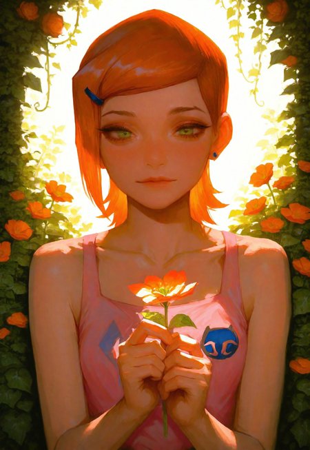 masterpiece, best quality, realistic, 
1girl, gwen tennyson (/Ben10)/,(ultra HD quality details), bright orange hair, short hair, (green eyes)
 holding flowers
garden, flowers, soft lighting, vines, flowers in background, collarbone, sleeveless, pink outfit,