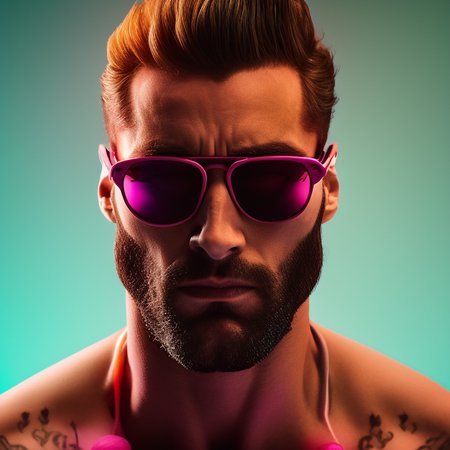 GigaChad wearing wayfarer sunglasses, square jaw, hasselblad, candypunk, bokeh, hyperrealistic, dramatic lighting, art by photohelper