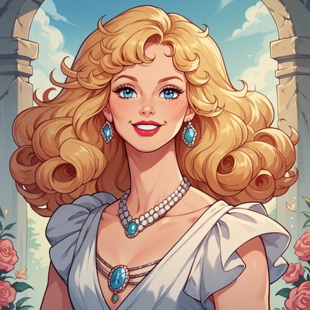 score_9, score_8_up, score_7_up, score_6_up, score_5_up, score_4_up, hud_millirob, 1girl, blonde curly hair, blue eyes, solo, dress, jewelry, retro artstyle,  lipstick, smile, <lora:hud_millirob:0.8>