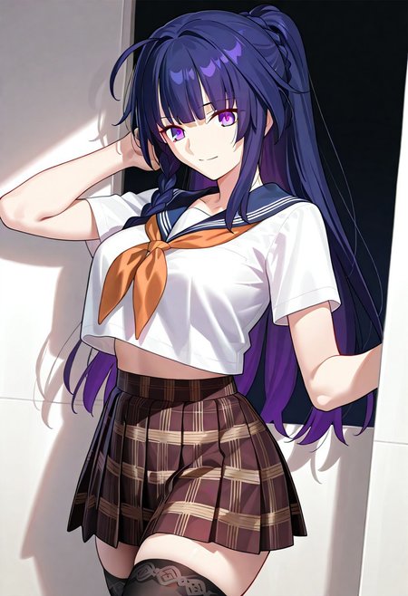 ((masterpiece, best quality, amazing quality, very aesthetic, absurdres)), 
Takeuchi takashi, ((solo)), ((better eyes)), peaceful, smile, closed mouth, 1girl, (large breasts, thin waist, wide hips), (((raiden_mei_honkai_impact_3rd))), (((black hair, purple tinted hair, purple eyes))), ((long hair, bangs, side_braid, ponytail)), (((white top, orange neckerchief, short sleeves, pleated skirt, plaid skirt, brown skirt, black stockings))), no background, dark background, sideshot, cowboy shot, dark background, portrait, looking at viewer