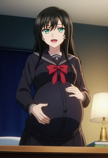 best quality, masterpiece, 4k, perfect lighting, very aesthetic, anime, anime coloring, official art, anime screencap,
OverallDetail, fFaceDetail, 
bedroom, happy, huge pregnant belly, hand on belly,
Kiriha, black hair , school uniform, black shirt,
<lora:Pregnant Bump:1>