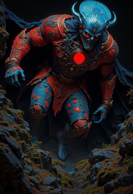 «The red blue female creature chased him across a forest. »