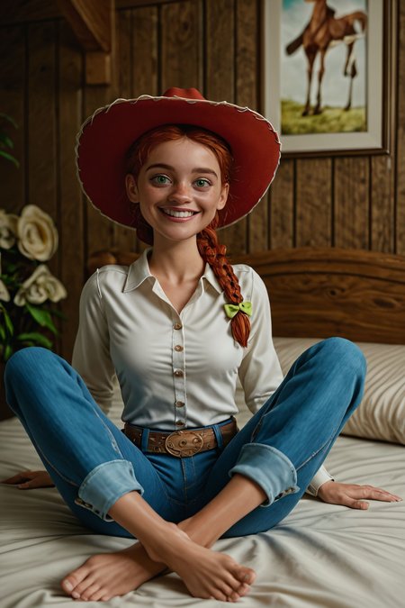 zPDXL3,  <lora:Jessie_the_Yodeling_Cowgirl_-_Toy_Story_PonyXL:.7>,
Jes_sie, woman, red hair, braid, red cowboy hat, green eyes, white shirt, long sleeves, medium breasts, belt, blue pants, feet, looking at viewer, smiling, sitting, on bed, spreading legs, legs crossed, inside cozy bedroom,