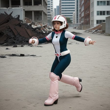Ochaco uraraka, boots,high heel boots,short hair,uravity costume, hero costume,medium breasts, ochaco, brown hair,sidelocks,helmet, uravity helmet, in a fighting stance, about to take on a villian, in a destroyed city,