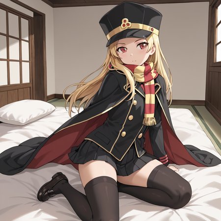 indoors, <lora:chiaki.pony:1> chiaki, 1girl, solo, long hair, blonde hair, red eyed, scarf, striped scarf, shako cap, black headwear, cape, black cape, black coat, flat chest, skirt, pleated skirt, black skirt, black thigh-highs, black loafers,