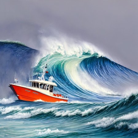 a Fishing boat on a giant wave during a storm on the ocean SCG768-illustrate