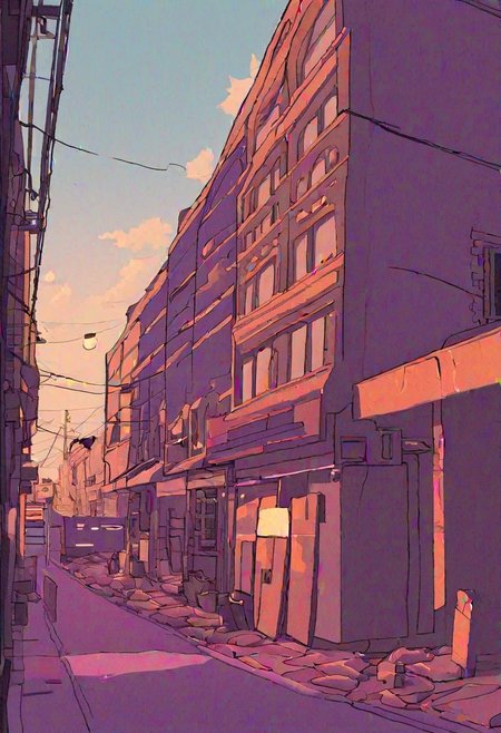 Lo-Fi background
Sketchy Lines
Limited Palette
Imperfections 
Expressive Shapes
Muted Tones
Analogous Harmony
Textured Application
Distressed Textures
Low-Tech Materials
Digital Lo-Fi
Empty Street, convenience store  ,dim light street light, black anime solo, sky, cloud, indoors, pillow, no humans, window, bed, moon, curtains, building, scenery, sunset, city, sun, cityscape, bedroom, purple sky