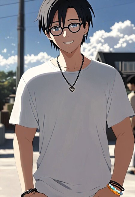 Highres, Masterpiece, High Quality, 4K, 8K, solo, 1Boy, Takaki Toono, adult, black hair, short hair, sunny, cloudy, posing, candid, sweet smile, photo model, earrings, necklace, bracelet, anklet, ring, fake glasses, easynegative, detailed_eye_model