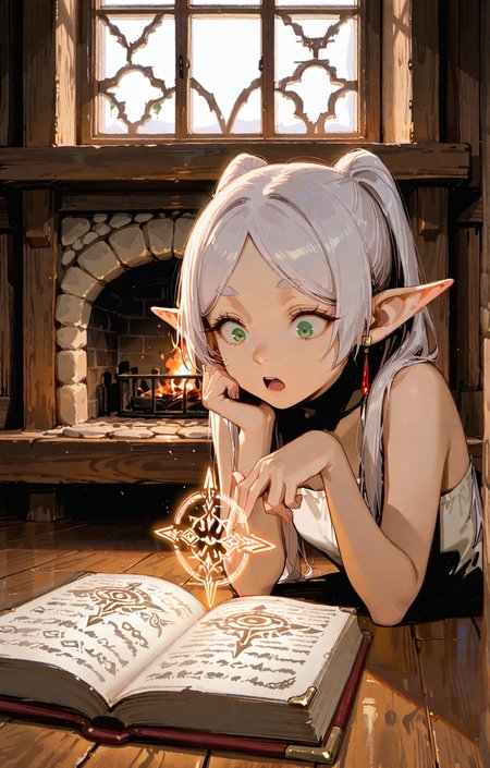 masterpiece, best quality, ultra-HD, volumetric lighting, absurdres, lowlighting , realistic body, highres, absurdres, full_body,   

1girls, frieren, green eyes,Frieren indoors, sitting on floor, reading floating spellbook, mixing potions, glowing runes on floor, wooden cabin, fireplace, herbs hanging, magic circles on walls, shocked,surprised, , looking down, open_mouth,  black_pantyhose, no_shoes, 