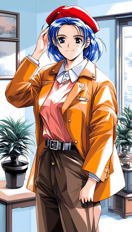 score_9, score_8_up, score_7_up, source_anime, rating_explicit, BREAK <lora:Nonomura_Misato_XL:1>Nonomura_Misato, blue hair, blue eyes, short hair, medium breastsã
, 1girl, solo, hat, red beret, belt, smile, 1990s (style), coat, plant, looking at viewer, potted plant, jacket, long sleeves, hand on headwear, indoors, red headwear, pants
