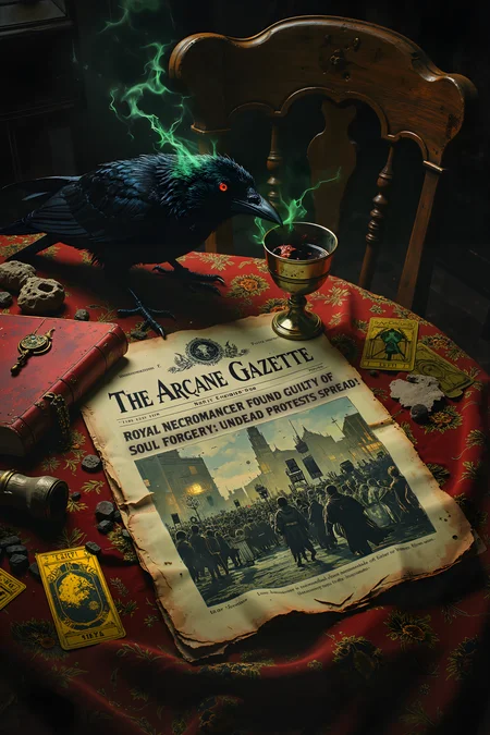 A richly embroidered tablecloth, covered in celestial patterns, cradles a crisp edition of The Arcane Gazette, its front-page headline flashing with urgent enchantment: âROYAL NECROMANCER FOUND GUILTY OF SOUL FORGERY â UNDEAD PROTESTS SPREAD!â Beneath the text, a moving ink sketch shows a crowd of skeletal and ghostly citizens marching through the capital, holding banners that read âRIGHTS FOR THE RISEN.â A silver goblet, half-filled with shimmering blue elven wine, rests dangerously close to the edge of the paper, reflecting the dancing words in its surface. Scattered across the table, golden tarot cards lie overturned, their symbols eerily aligning with the chaotic news story. Wisps of green necromantic energy drift lazily from the paperâs edges, a sure sign that the article has been cursedâor blessedâby unseen hands. A raven, its eyes gleaming with unnatural intelligence, perches on the back of a chair, occasionally pecking at a loose parchment as if scrutinizing the news. The scent of old books and alchemical ingredients fills the air, mingling with the faint sound of whispered spells still lingering in the room. Outside, the sound of distant chanting can be heardâperhaps the very undead protesters making their voices known beyond the printed word. , detailed background  Fantastic lighting. Detailed shadows.intricate details, vivid colors, hyper-detailed, ultra-sharp, , <lora:Luminous_Shadowscape-000016:0.4><lora:black_fantasy_1.0:0.4><lora:Glitchcore_Flux:0.4><lora:- Flux1 - vanta_black_V2.0:0.4>