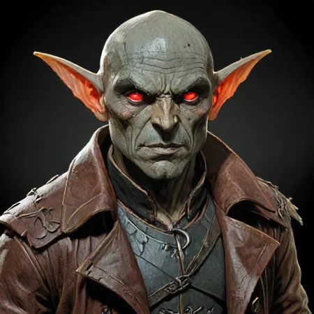 Pathfinder style Hobgoblin investigator, male, weathered face, sharp features, ((Grey skin)), Bald, Wide and round head, Large and pointed ears, pure red eyes, muscular build, wearing a leather coat, detailed, intricate, cinematic lighting, highly detailed face, art nouveau style <lora:Path_goblin:0.751> <lora:sss:1> sssâââ