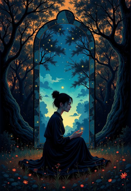 Enveloped within a realm of ethereal introspection, the exquisite canvas crafted by the talented creative artist portrays a thoughtful woman, seated beside an enigmatic fractured mirror. With Otomo Katsuhiro's distinctive artistic touch, the dimly lit scene unfolds into an enchanting dance of vivid, luminous colors reflecting off the shattered glass. Each mirrored fragment serves as a fleeting glimpse into the woman's rich history, imbuing the surroundings with mesmerizing kaleidoscopic vibrancy. A misty veil of subtle shadows holds the memories together in delicate balance, further accentuating the surrealist aesthetic. As spectators delve deeper into this captivating artwork, they're engulfed by an atmosphere of serene tranquility, awed by the artist's exquisite attention to detail and their prowess in surreal realism's captivating essence - marking it as a truly esteemed artistic creation. ,<lora:Ethereal_Brush_Anime_v1.0.safetensors:0.4> ,<lora:we_du_v2.safetensors:1.0>