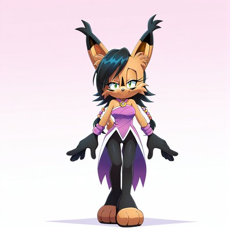 <lora:nicole_lynx_illustrious-000010:1>,  (masterpiece), (best quality), (ultra-detailed), amazing quality, very aesthetic, illustration, perfect composition, intricate details, absurdres, incredibly absurdres,  nicole the lynx, 1girl, breasts, looking at viewer, smile, short hair, gloves, bare shoulders, jewelry, green eyes, standing, tail, full body, pantyhose, black pantyhose, strapless, half-closed eyes, sonic the hedgehog \(series\), furry, furry female, black hair, animal ears, animal nose, animal ear fluff, solo, solo focus, body fur, brown fur, facial markings