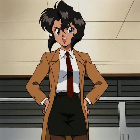 <lora:RallyVincent_pony_v1:.7> Rally, jacket, 1girl, red necktie, pantyhose, blue eyes, coat,  dark skin, pencil skirt, black hair, retro artstyle, dark-skinned female, 1990s (style), short hair, shirt, cowboy shot, hands on hips