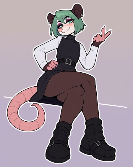 score_9_up, score_8_up, score_7_up, score_6_up, by remanedur, low-angle view,  small breasts, green hair, possum, black turtleneck, pose, sitting, gesture, crossed legs,  green eyes, eyeshadow, female, looking at viewer, tail, dress, blush, solo, ear piercing, short hair, smile, black footwear, belt, (three-quarter view), head tilt, simple background, white outline, <lora:Leah_Pines(AIM)_XL_v1:0.15> <lora:PDXL_artist_tags_v2_big:0.55> <lora:The-Minuscule-Task_PDXL_v1.0:0.65> <lora:Nova_Nightingale_jopitr:0.4>
