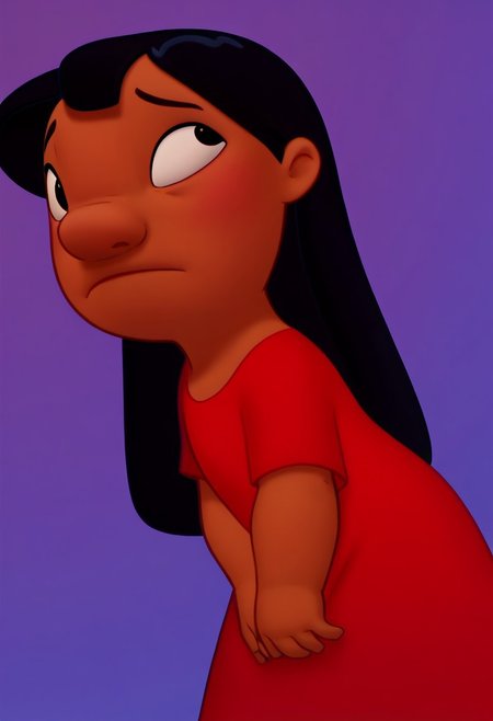 score_9, score_7_up, painting of 1girl, solo, lilo_pelekai, dark skin, black hair, long hair, black eyes, red dress, smile, shy:2, blue background, cute:2, gradient background, looking to the side,  ((score_9, score_8_up, score_7_up)), modern-style colour illustration, perfect & accurate lineart, lifelike art, film grain, dynamic pose
