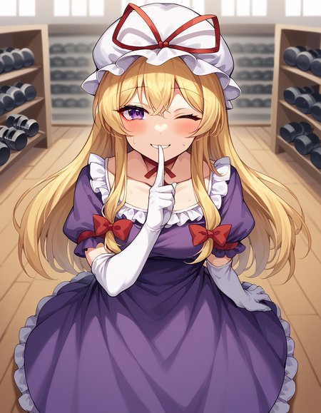 score_9, score_8_up, score_7_up, source_anime, <lora:yukari-yakumo-ponyxl-lora-nochekaiser:1>, yukari yakumo, purple eyes, blonde hair, sidelocks, long hair, hair bow, bangs, multiple hair bows,, choker, dress, elbow gloves, frilled dress, frills, gloves, hhat, hat ribbon, mob cap, puffy short sleeves, puffy sleeves, purple dress, red bow, red ribbon, ribbon, ribbon choker, short sleeves, white gloves, white hat, gym, weights, machines, people, sweat, smile, <lora:shushing-ponyxl-lora-nochekaiser:1>, shushing, finger to mouth, index finger raised, from above, library, smile, blush, one eye closed, dutch angle,, looking at viewer, solo,, dutch angle, cowboy shot