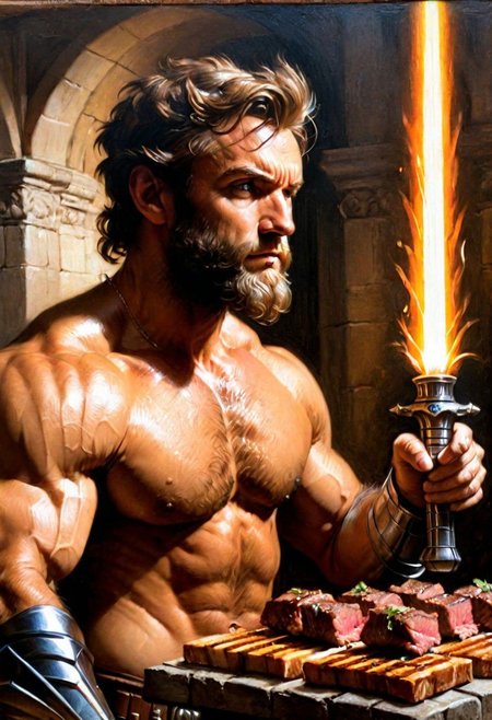 puppy wolverine Obi-Wan, grilling beef on light saber, 
Oil Painting, 
(Renaissance Paintings, Renaissance style, beautiful, painterly, detailed, textural, artistic),  (((intricate details, highly detailed, ultra-detailed, absurdres))), (unreal engine, octane rendering, Anti-Aliasing, sharp focus, natural lighting, high saturation, high contrast, vivid, vibrant, studio lighting, best texture quality), beautiful detailed scenery,
Style-Renaissance