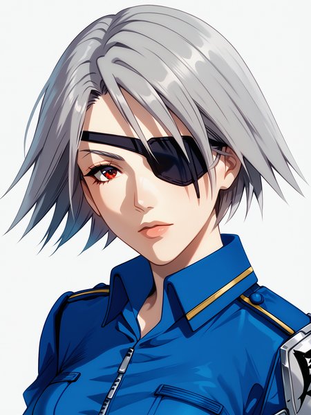 1girl, <lora:Fuu-Fuujin _ KH2-FF8_Pony:0.85> fuujin \\(ff8\\), score_7_up, grey hair, red eye, black eyepatch, 
<lora:Pony_DetailV2.0:1> <lora:zPDXL3:1> <lora:zy_Realism_Enhancer_v1:1>
blue uniform