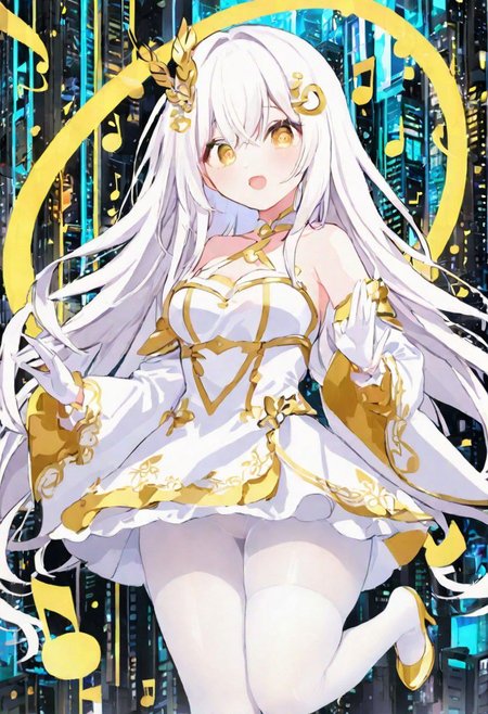 Best quality, masterpiece, sci-fi extremely dark abyss city, music notes, one singer girl with round pert breasts, majestic walk, hands gesturing, adorable pure white long loose hair, simple hairpin, adorable smooth happy face, singing, open mouth, bright yellow eyes, detailed kawaii makeup, beautiful white dress with long sleeves and gloves, slim waist, very short miniskirt, white tights, thick clavicle, thick pelvis, thick hips, thick thighs, heels