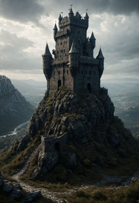 <lora:TheWeirdies_epoch_10:0.78>, epiCPhotoGasm-colorfulPhoto  , advntr ,
score_9, score_8_up, score_7_up, score_6_up, Durlag's Tower was a large tower that was said to be haunted by a powerful entity, as well as one that housed immeasurable treasure. ((game of thrones aesthetic, cinema still from dynamic scene.  stone mountain, dark, incredibly accurate battlements and windows))