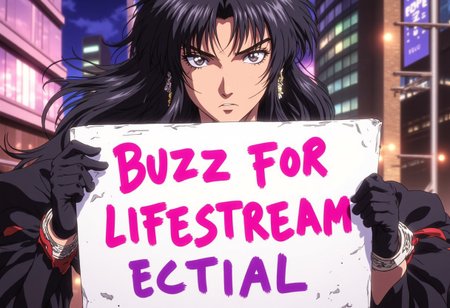 digital anime artwork, masterpiece, aerith from final fantasy 7 holding a sign and mischievously winking at camera, text says: "buzz for lifestream", bold writing made with pink paint