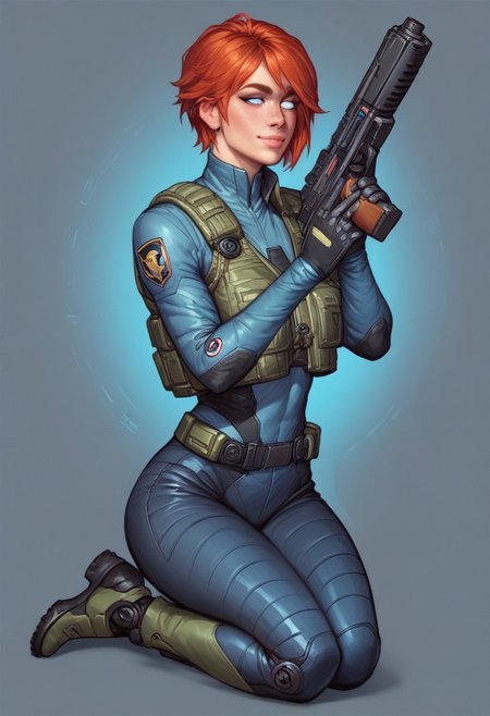 ((1girl, cute face, dynamic pose,
Glowing aura surrounding a futuristic character like the Nomad, clad in a futuristic detailed brown suit handmade, (((futuristic army vest armor))) patches on suit, redhead, long bangs,holographic blue light streaks, full face gasmask, (big shining white eyes without pupils:1.5), dynamic pose)), coy smile
BREAK 
((((full closed)))), (((big futuristic gun in hands, sci-fi gun in hands)))
score_9, score_8_up, score_7_up, score_6_up, source_cartoon, rating_explicit, Expressiveh, (((((full body))))), dynamic pose, (in wastelands, sandstorm:1.3)