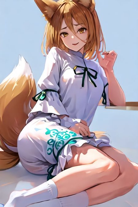 solo_focus, 1girl, ((white background, simple background)):2, (((masterpiece))), ((best quality)), ((ultra-detailed)), high resolution, absurdres, highres, ultra-detailed 8k unity wallpaper, 
Kudamaki Tsukasa, fox ears, fox tail, hair between eyes, white romper, green ribbon, white socks,