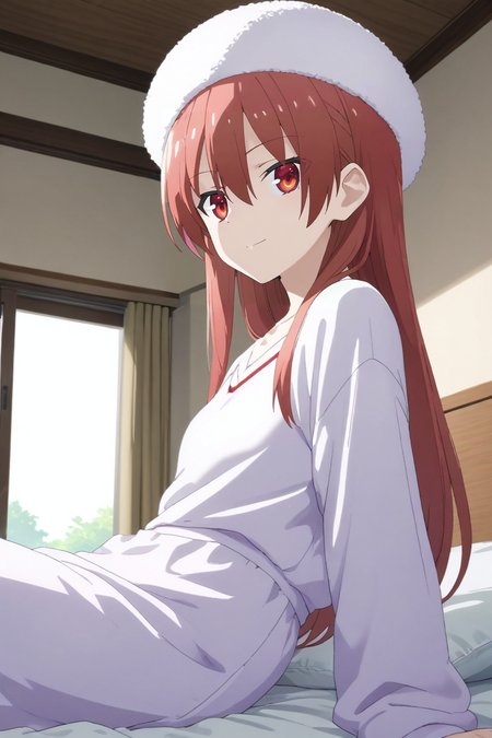 score_9, score_8_up, score_7_up, source_anime, rating_safe, , , looking at viewer, , 1girl, solo, <lora:tsukasa_yuzaki_pony:0.82>, tsukasa_yuzaki, red hair, red eyes, long hair, hair between eyes, bangs, panorama, bedroom, bed, nightstand, indoors, light, leaning back, seductive smile, pompom, long skirt, hat, toeless footwear, <lora:sdxl_lightning_8step_lora:1>