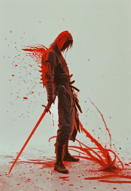 Closeup Portrait, Dynamic pose By yoji shinkawa, a ninja gracefully posing in Fight stance with katana, Blood Splash, severed arm, Blood fountain, infront of vanta white background with overhelming cascading red/black sharp ascii_art streams of data. Illuminate the fusion of artistry and innovation in this mesmerizing image.bailing_glitch_effect, 
atmospheric haze, Film grain, cinematic film still, highly detailed