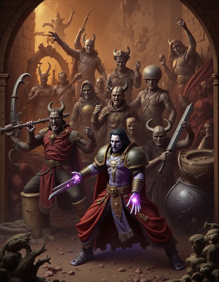 The chaos cultists gather in the ruins of an ancient city to perform their dark rituals. They have been touched by slaanesh, and radiate auras of dark mystic energy. 