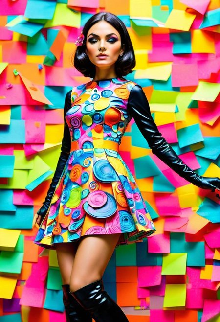 Jed-StickyN, Score_9, score_8_up, score_7_up, (masterpiece),(1character), semi side view, (beautiful:1.4), (stJed-StickyN dress), psychedelic swirls, vibrant hues, bold patterns, power fashion, swinging sixties, Retro Vogue Cover, kaleidoscopic dreams. highly intricate, 60s, hyper detailed, photorealistic, (black elbow gloves), dim128/128test, black thigh high boots.