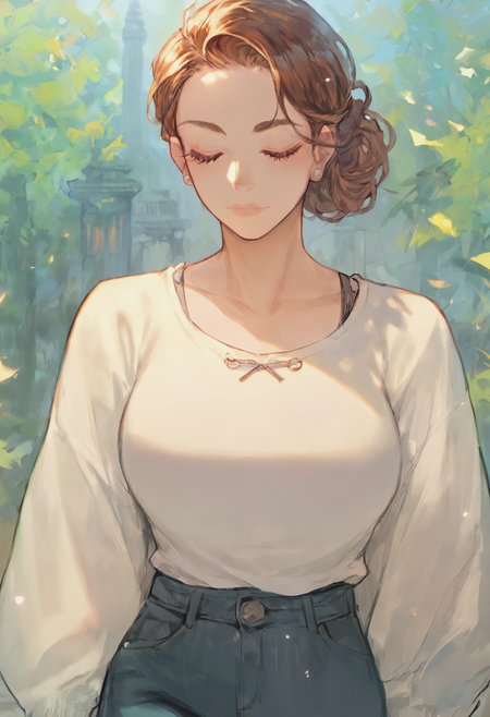 source_anime, score_9, score_8_up, score_7_up, 1girl, mature_female, large_breasts, portrait, solo, Walking with exaggerated arm swings, rotated, (Amaranth kesa), Medium Brown hair, portrait, rating_safe, <lora:pony\artist_styles\morry_evans_pony:1.0>