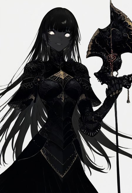 solo, looking at viewer, white eyes, white background, 1girl, long black hair, dark black skin, smiling, black armor, masterpiece,best quality,very aesthetic,absurdres
 <lora:monfornoob:0.95>