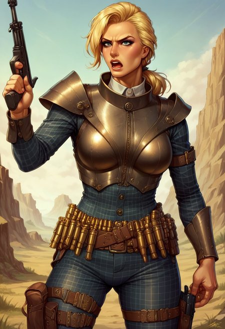 score_9, score_8_up, score_7_up, score_6_up, source_realistic, cowboy shot, BREAK annoyed, screaming, 1girl, Mags, blonde hair, pompadour, low ponytail, lips, makeup, checkered suit, armor, bullet belt, thigh holster, standing, holding weapon, rifle,