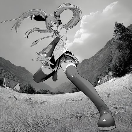 1girl,long hair,solo,hatsune miku,necktie,twintails,skirt,detached sleeves,very long hair,looking at viewer,shirt,thighhighs,boots,thigh boots,pleated skirt,sleeveless shirt,sleeveless,smile,bare shoulders,collared shirt,closed mouth,hair between eyes,hair ornament,miniskirt,headphones,long sleeves,
bush,cloud,day,grass,holding,house,mountain,outdoors,plant,rock,sky,solo,tree,holding sword,katana,foreshortening,dynamic pose,speed lines,fisheye,
masterpiece,best quality,amazing quality,very aesthetic,highres,absurdres,<lora:ftstyle-noob05-v2:1>,ftstyle,monochrome,greyscale,solo,