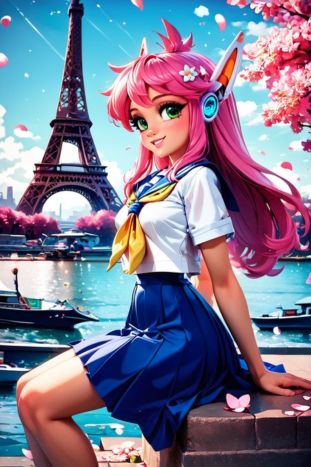 score_9, score_8_up, score_8, medium breasts, (curvy), cute, eyelashes,       BREAK, , zzNukuNuku, green eyes, pink hair, long hair, robot ears, school uniform, serafuku, blue skirt, white shirt, <lora:NukuNuku_PDXL:0.8>, , BREAK,  zzEiffelTower in background, sitting, watercraft, boat, sitting on wall, side view, looking at viewer, smile,  BREAK, blooming stars, luminescent petals, otherworldly fragrance blurry background, embedding:zPDXL, Expressiveh, <lora:EiffelTowerPDXL:0.8>,  <lora:CatalystStylePDXL:0.6>,  <lora:SDXLFaeTastic2400:0.5>,  <lora:Expressive_H-000001:0.4>,
