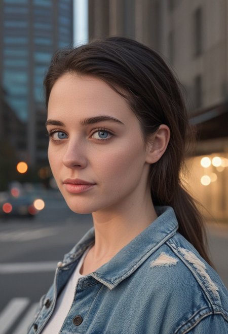 30yo woman posing for pic in front of tall building.
Blue eyes. small perfecteyes 
Wearing ripped Denim jacket red trucker hat
no makeup. Clear skin.  realistic skin style
Long dark black slick back hair. No makeup. Dusk, Street light. Looking at camera POV. Slight smile, tilting head.. Tilt head.
Medium Close Up shot. Bokeh. Bokeh light.