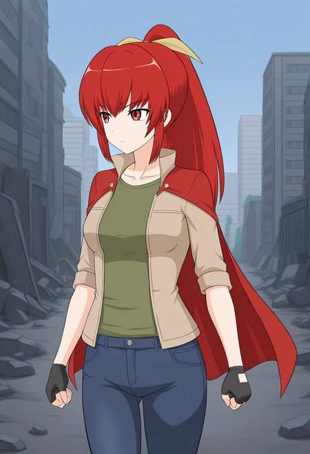 1girl, solo, satsukirindorival, red hair, ponytail, hair ribbon, red eyes, headband, beige jacket, popped collar, open jacket, green shirt, black fingerless gloves, denim pants, red cape, cowboy shot, walking, city, ruins, looking away, stern