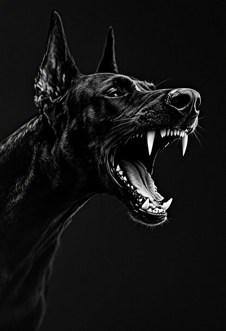 Black Doberman snarling viciously, no background IN simple BLACK WHITE WOODBLOCK PRINT