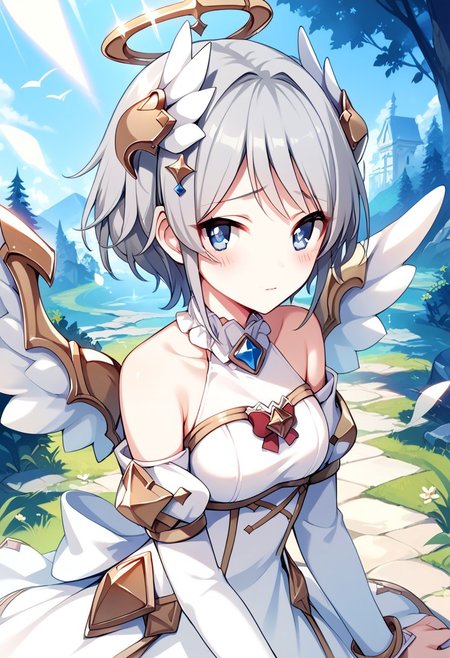 score_9, score_8_up, score_7_up, source_anime,YORI (ANGEL), 1girl, solo, looking at viewer, blush, short hair, blue eyes, hair ornament, bare shoulders, grey hair, wings, wing hair ornament