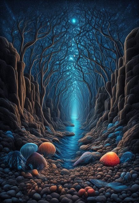 "Produce a hyper-realistic photograph of a surreal, dreamlike ocean scene. The water is crystalline and reflects a kaleidoscope of colors from the aurora borealis above. Ethereal marine creatures, such as bioluminescent jellyfish and fantastical fish with shimmering scales, swim gracefully through the air as if it were water. The shoreline is composed of fine, glowing sand, and the waves themselves are delicately woven with threads of light, creating an enchanting, otherworldly ambiance."