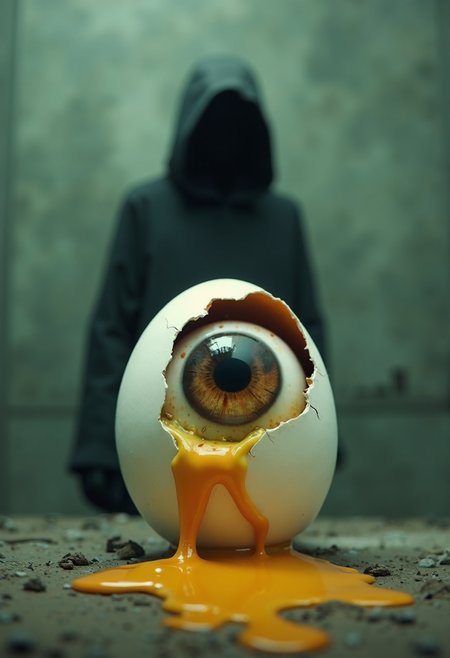 horror-themed image depicts a surreal and unsettling scene of an eye emerging from a cracked eggshell, with a hooded figure standing behind it. The eye is positioned centrally in the frame, surrounded by a white eggshell that has been broken open to reveal its contents. The iris is a deep brown color, while the pupil appears black. A yellowish-orange liquid drips from the bottom of the eye, creating a sense of unease and discomfort.
The hooded figure stands behind the eye, partially obscured by shadows. Its face is not visible, adding to the mystery and tension of the scene. The background is a muted green color, which contrasts with the bright yellowish-orange liquid dripping from the eye. The overall atmosphere of the image is one of unease and discomfort, as if something is about to break free or emerge from the eggshell.
The composition of the image is simple yet effective, with the eye and hooded figure taking center stage. The use of shadows and lighting creates a sense of depth and dimensionality, drawing the viewer's attention to the central figures. The color palette is muted, with the exception of the bright yellowish-orange liquid, which adds a pop of color and creates visual interest.
The mood of the image is one of unease and discomfort, as if something is about to break free or emerge from the eggshell. The use of shadows and lighting creates a sense of tension and anticipation, making the viewer feel like they are witnessing something momentous. The overall effect is one of surrealism and unease, leaving the viewer with a lasting impression.
In terms of artistic style, the image appears to be a digital artwork, possibly created using a software such as Adobe Photoshop or Illustrator. The use of bold lines and bright colors creates a sense of drama and tension, while the muted background helps to focus attention on the central figures. The overall effect is one of high-contrast, graphic art that is both striking and unsettling.
. eerie, unsettling, dark, spooky, suspenseful, grim, highly detailed