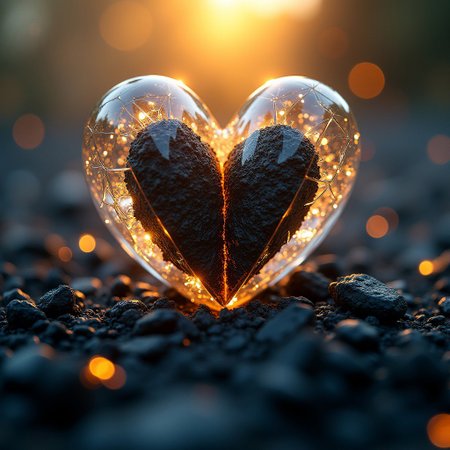 Close-up shot of a shattered glass heart, bisected along its central axis, revealing a dark, ominous core. Soft, golden light pours down from above, bathing the scene in a warm, ethereal glow. The surrounding environment is a blurred haze of black lava and ash, adding depth and mystery to the composition. The level of detail is meticulous, with each shard of glass and every texture rendered in high definition.