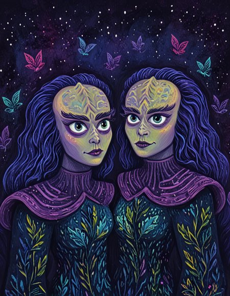 novuschroma69 dual dichotomy <lora:darmox-klingon_v1:1> kling0n alien pair  <lora:novuschroma03 style:1.2> novuschroma03 style <lora:novuschroma69 dual:0.75> <lora:sdxl_lightning_8step_lora:1>