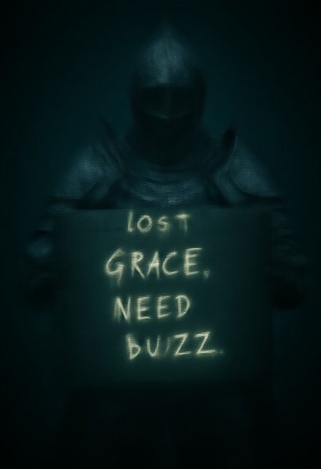 elden ring style, a female knight in full plate damaged armor holding a sign that says "lost grace, need buzz", text is scratched in glowing white handwriting, dark and eerie atmosphere, chromatic aberration and film grain, fantasy