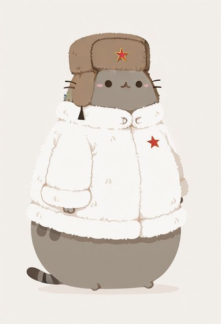 1 cat , solo , Pusheen, Ushanka , Russian , communist symbol , fur coat ,
masterpiece, best quality ,amazing quality ,haiz_ai , no lineart ,no outline, vfaix,